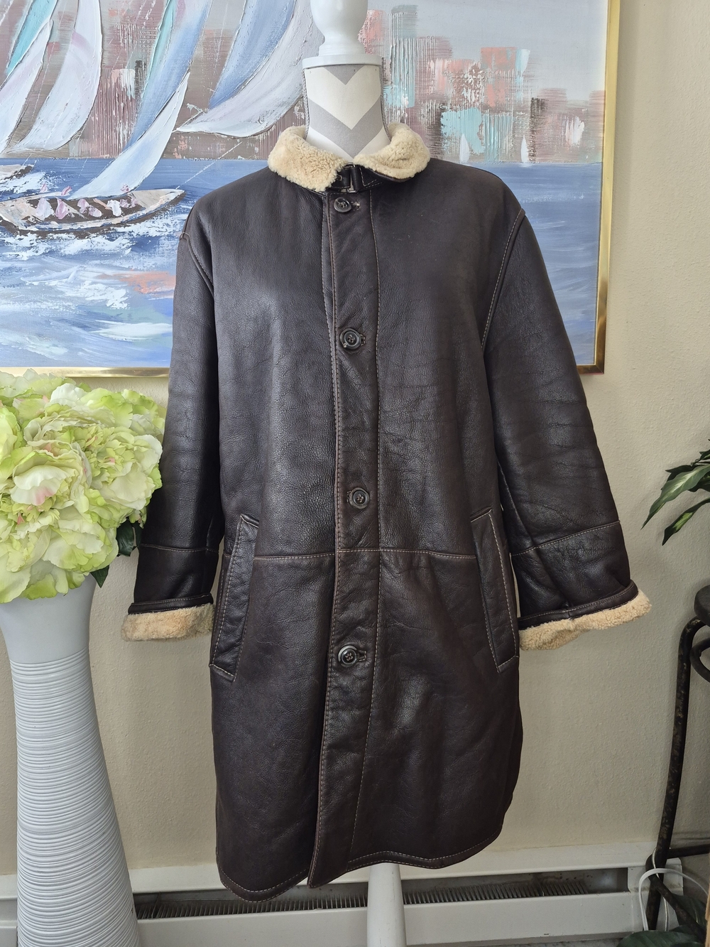 Vintage Gimos Women's Dark Brown Shearling-Trim Leather Trench Coat